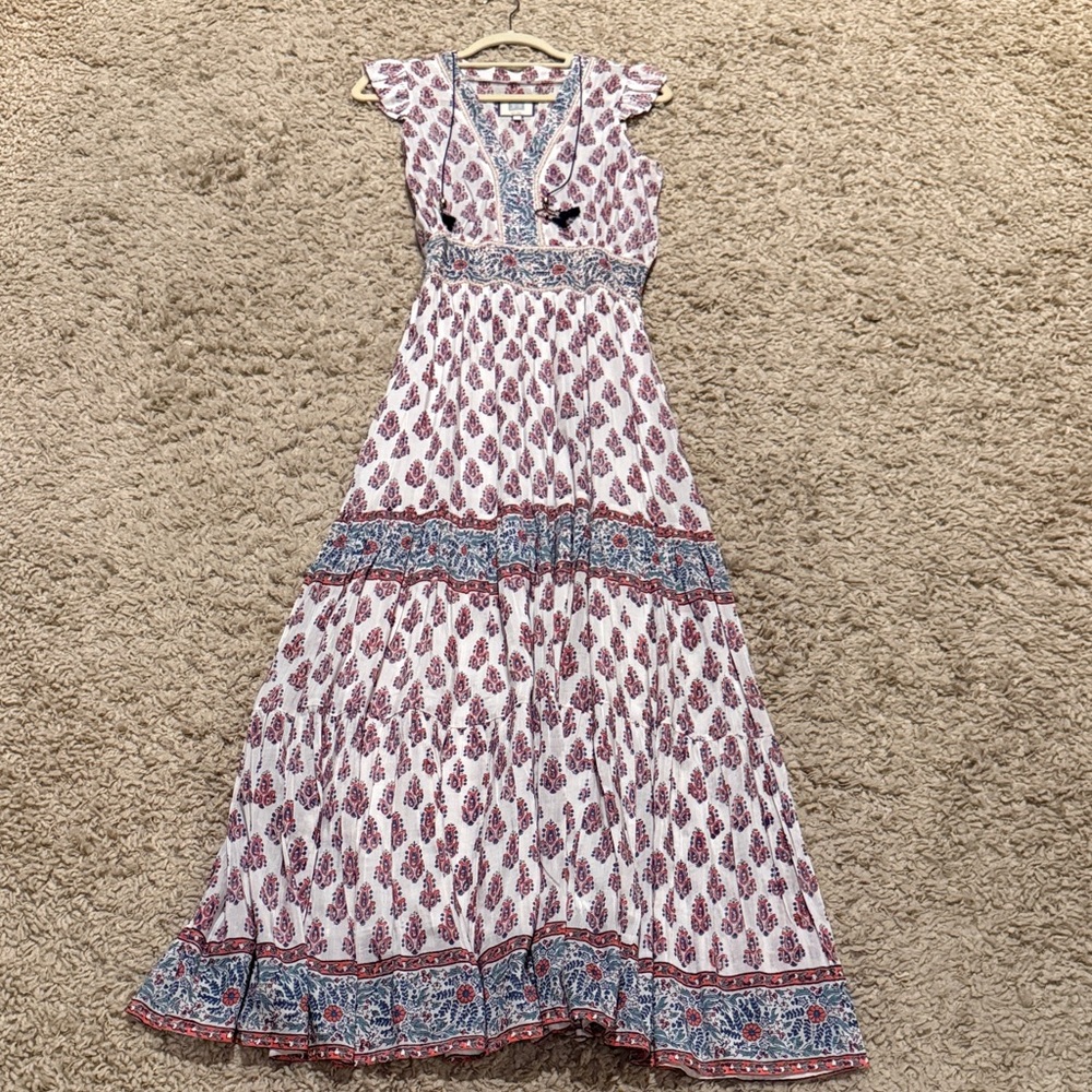 BELL Paisley Bohemian Maxi Dress Ruffle Tie Flutter Sleeve Women's Medium